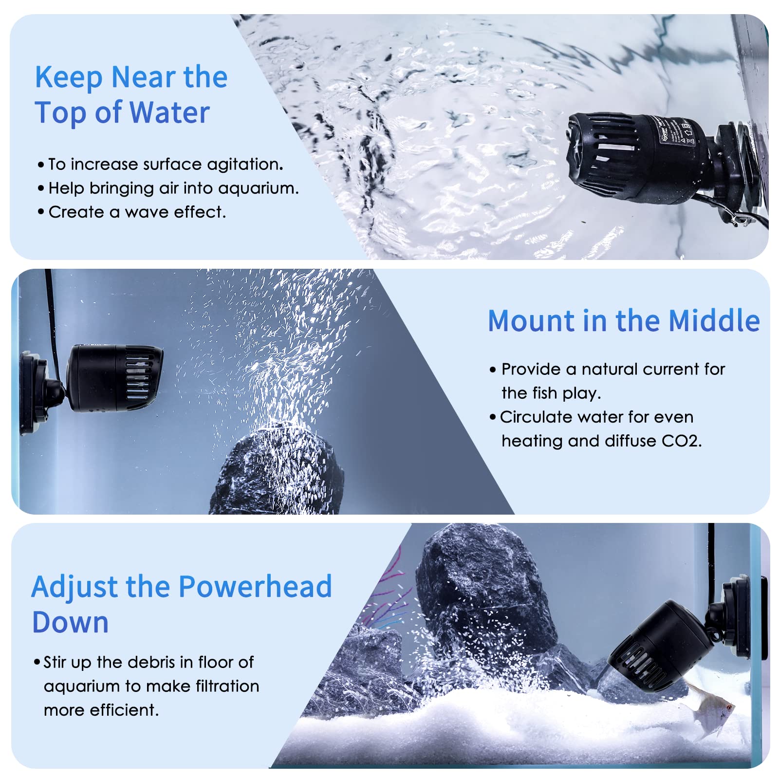 hygger Mini Wave Maker 360-degree head provides versatile currents across the tank