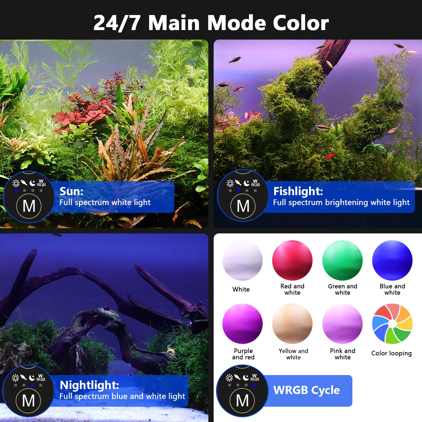 hygger New Mode timer LED aquarium light WRGB cycle close-up for vibrant color options