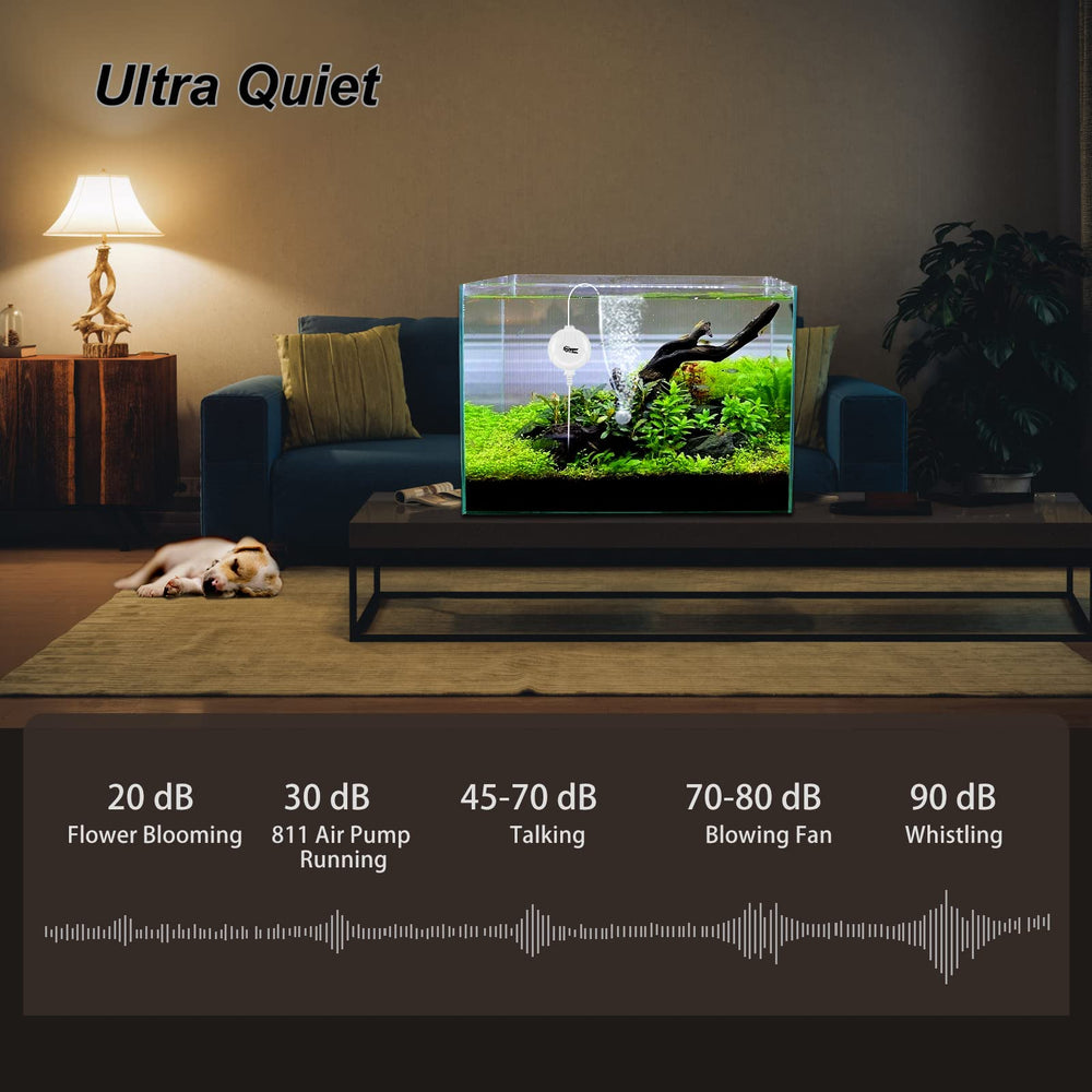 Hygger Quiet Aquarium Air Pump side view shows low-noise operation for calm spaces.