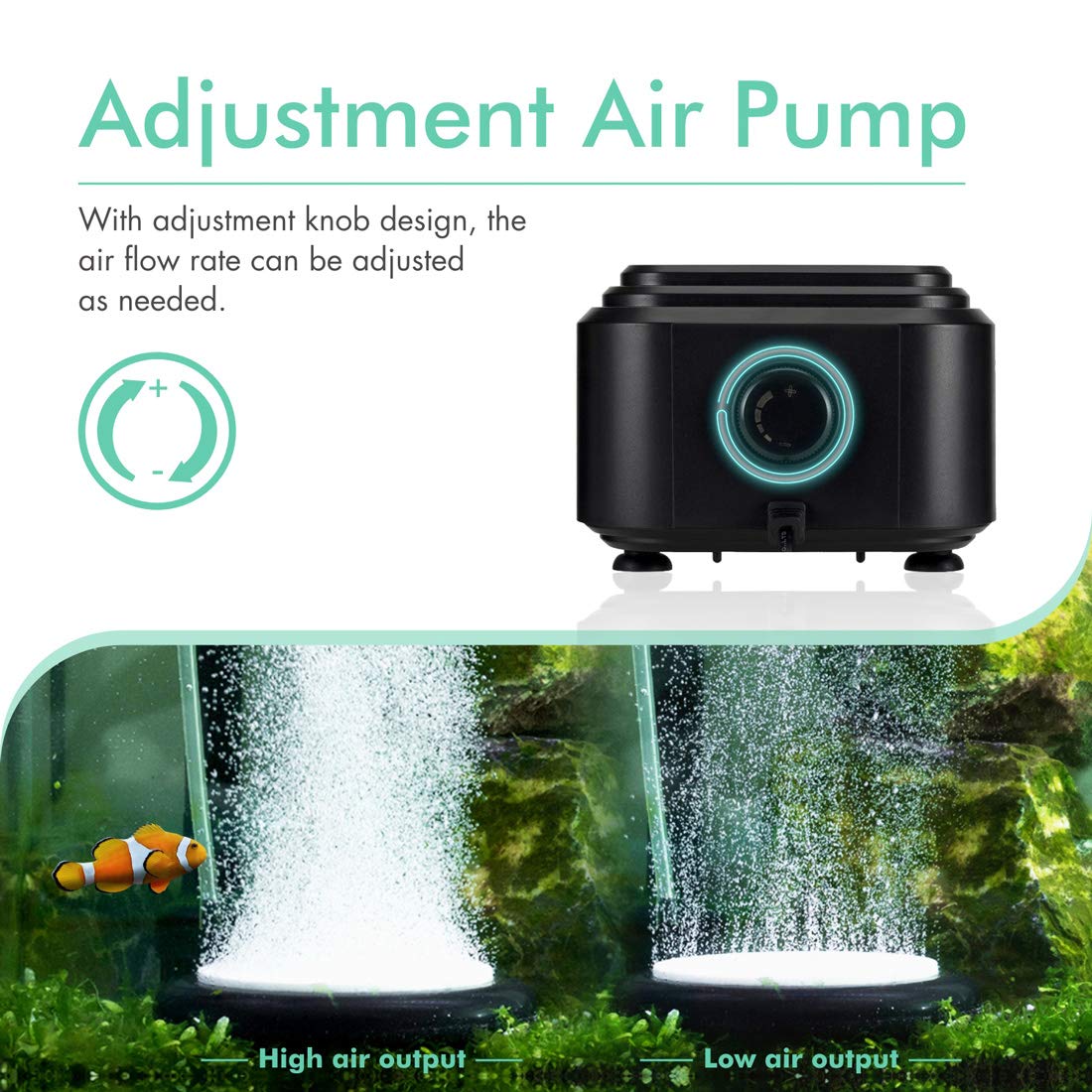 Hygger quietest air pump with adjustment knob showing adjustable airflow for tank size.