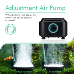 Hygger quietest air pump with adjustment knob showing adjustable airflow for tank size.
