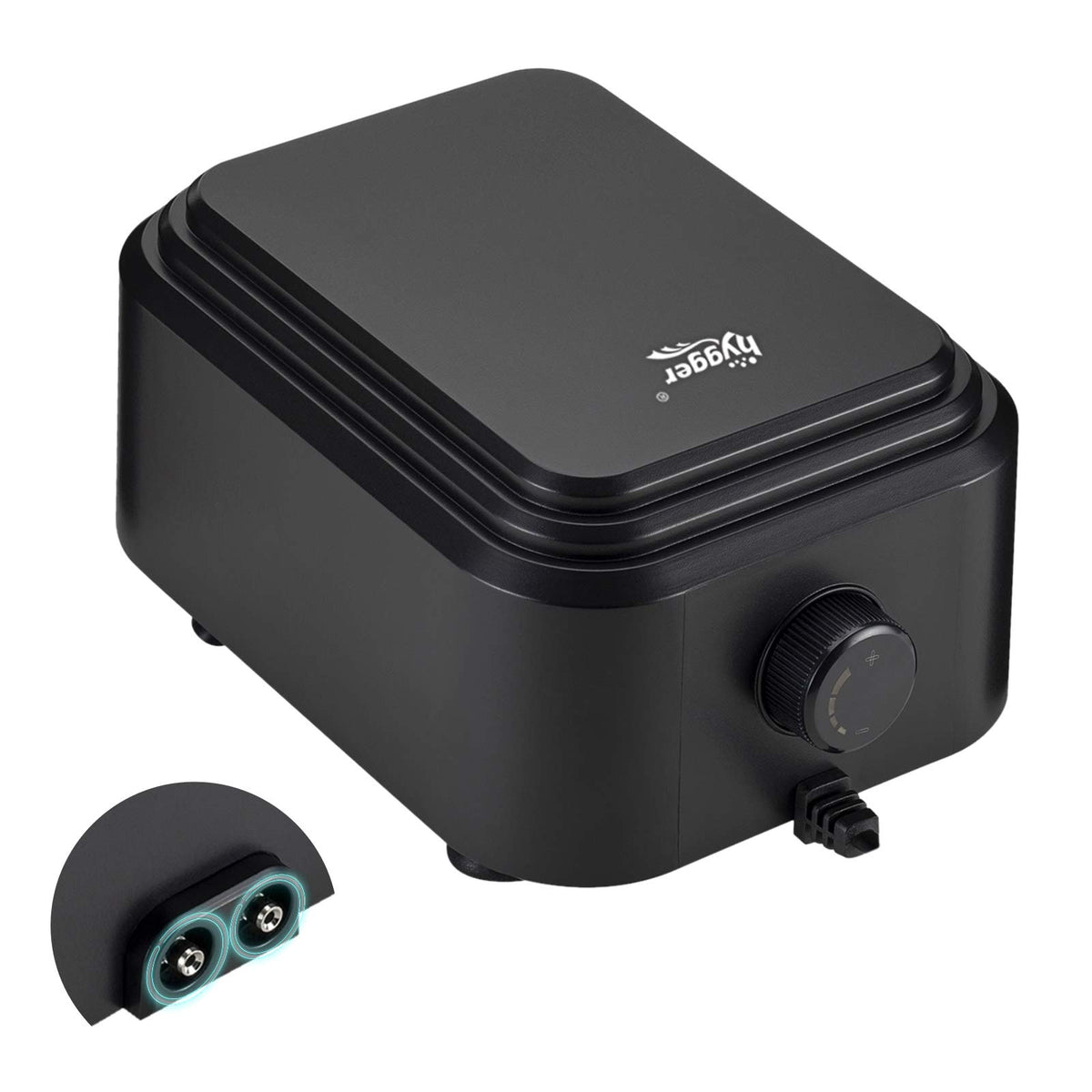 Hygger quietest aquarium air pump front view with dual outlets for flexible aeration.