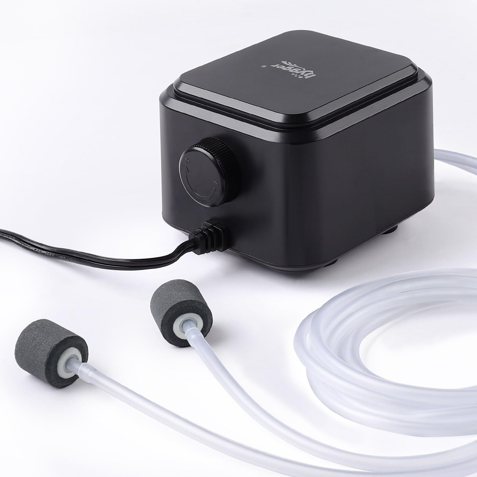 Hygger quietest aquarium air pump, front view, dual outlets for up to 120 gallons.