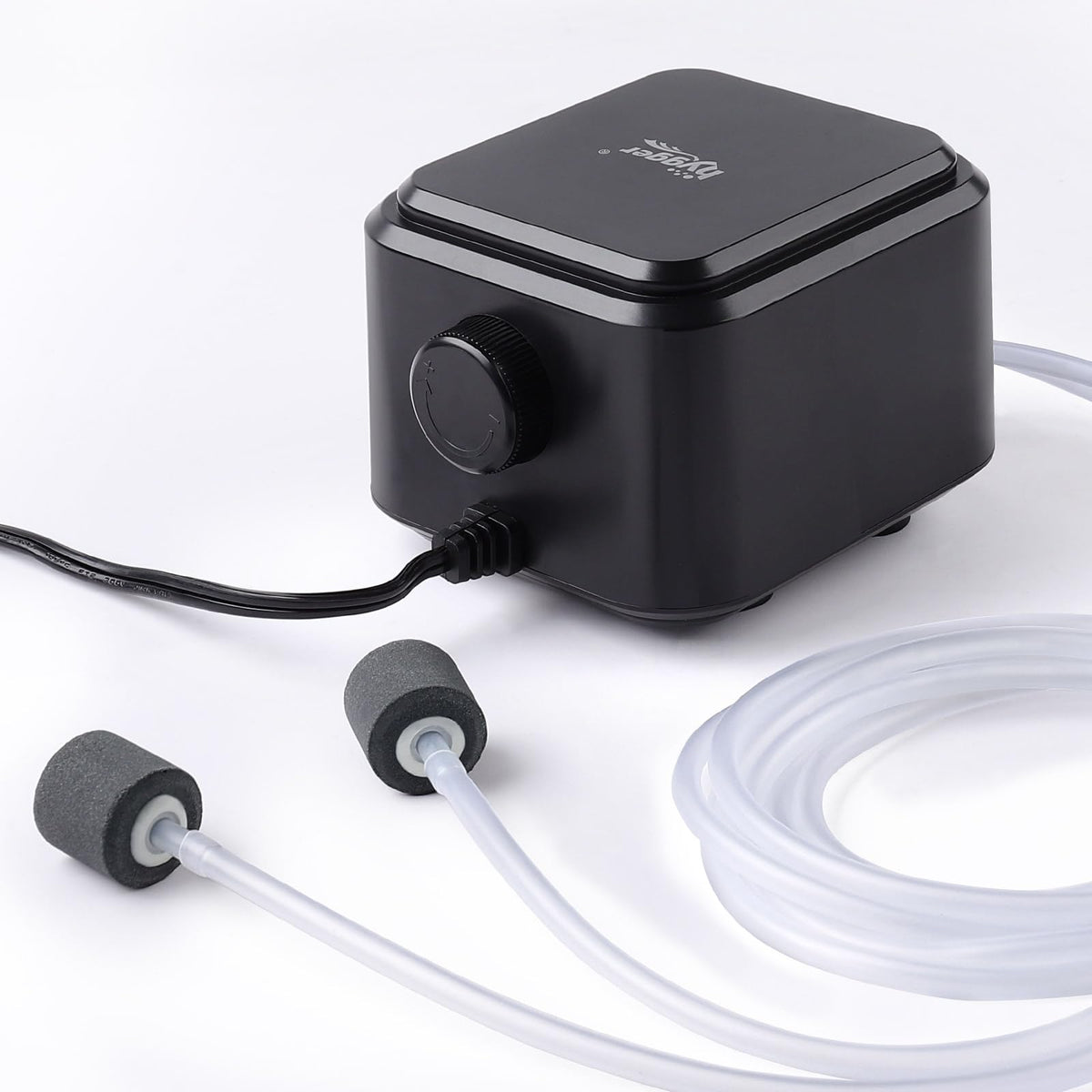 Hygger quietest aquarium air pump, front view, dual outlets for up to 120 gallons.