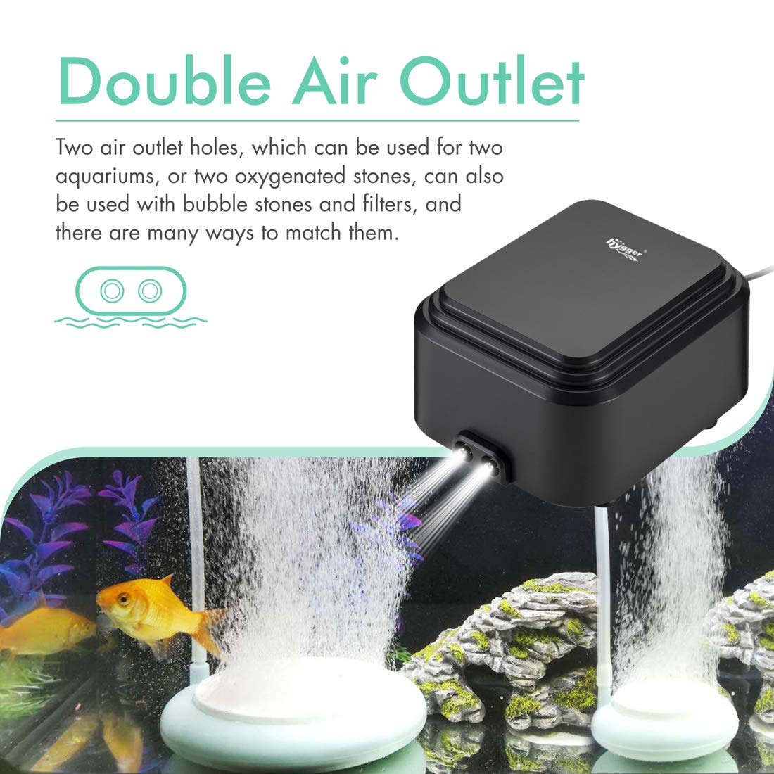 Hygger magnetic-bearing design air pump promotes quieter operation and longer life.