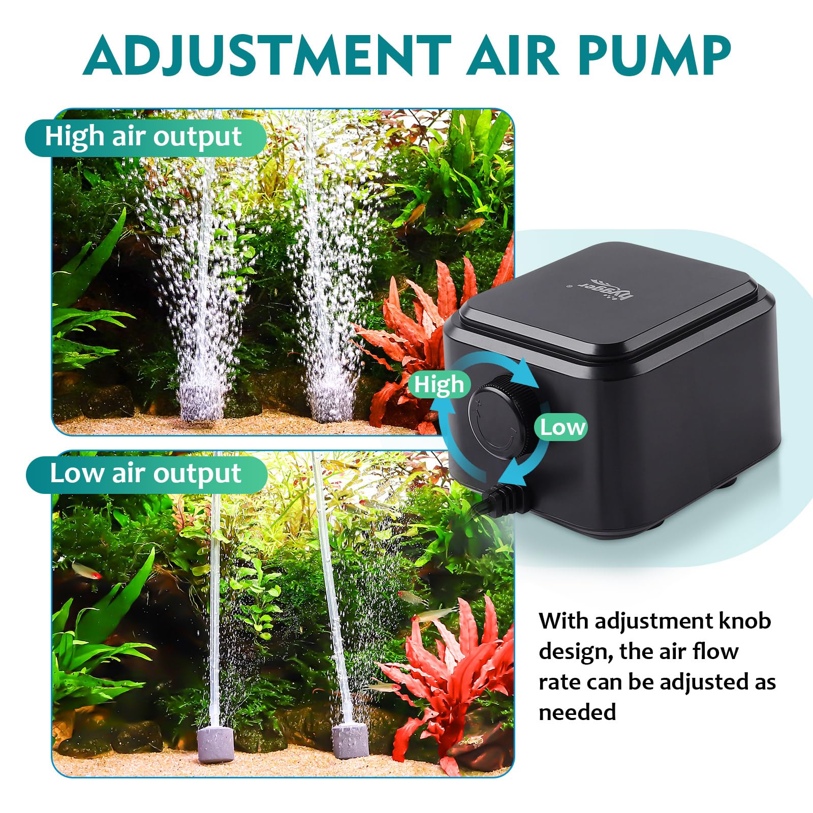 Hygger dual-outlet air pump connected to aeration setup for aquatic plants.