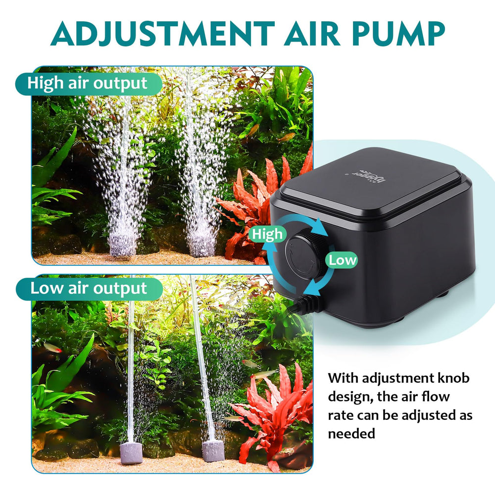 Hygger dual-outlet air pump connected to aeration setup for aquatic plants.