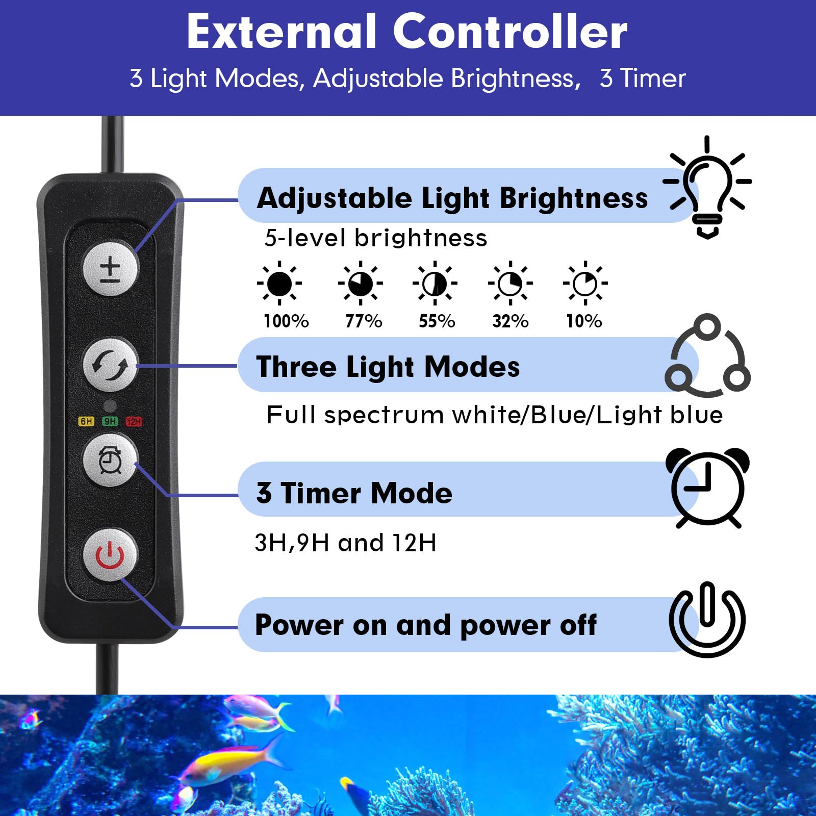 hygger reef light dimmed timer display demonstrates easy brightness and cycle settings