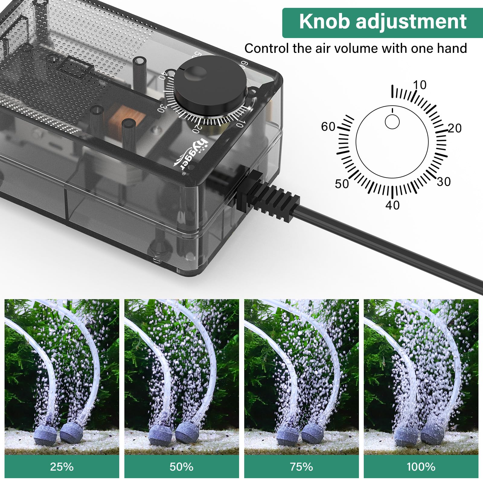 Hygger See-Through Air Pump flow-control knob enables adjustable aeration for tanks