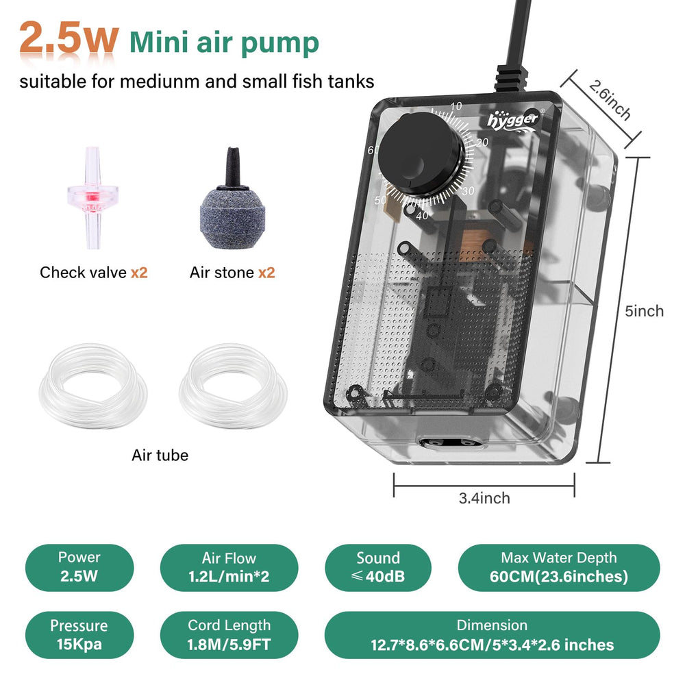 Hygger See-Through Air Pump silicone-base design reduces vibration and noise