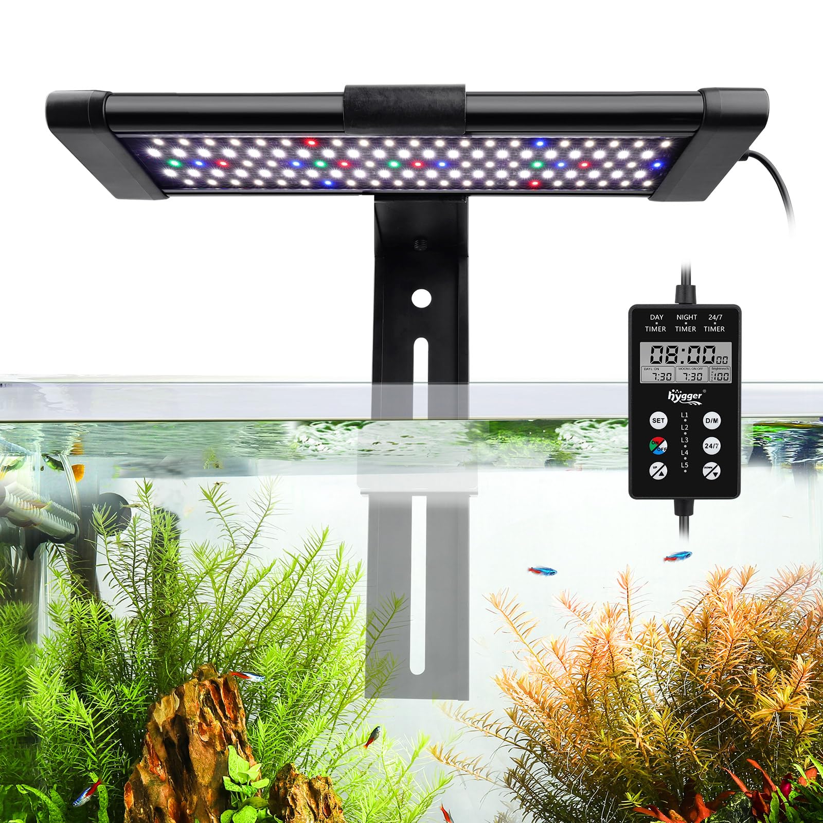 Hygger small clip-on aquarium LED light close-up showing full-spectrum LEDs for vibrant fish colors