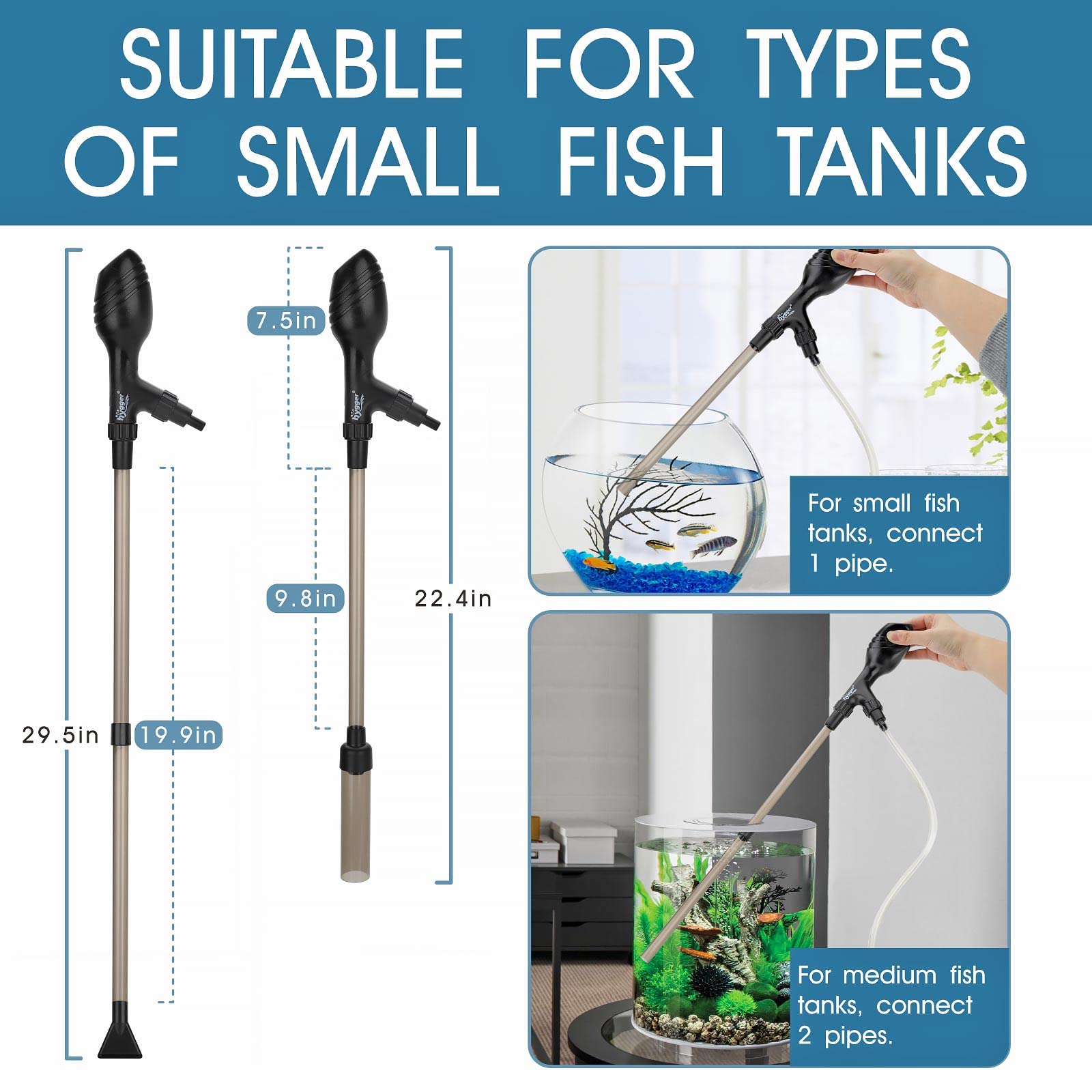 Extendable tubes provide customizable setup for different tank sizes.