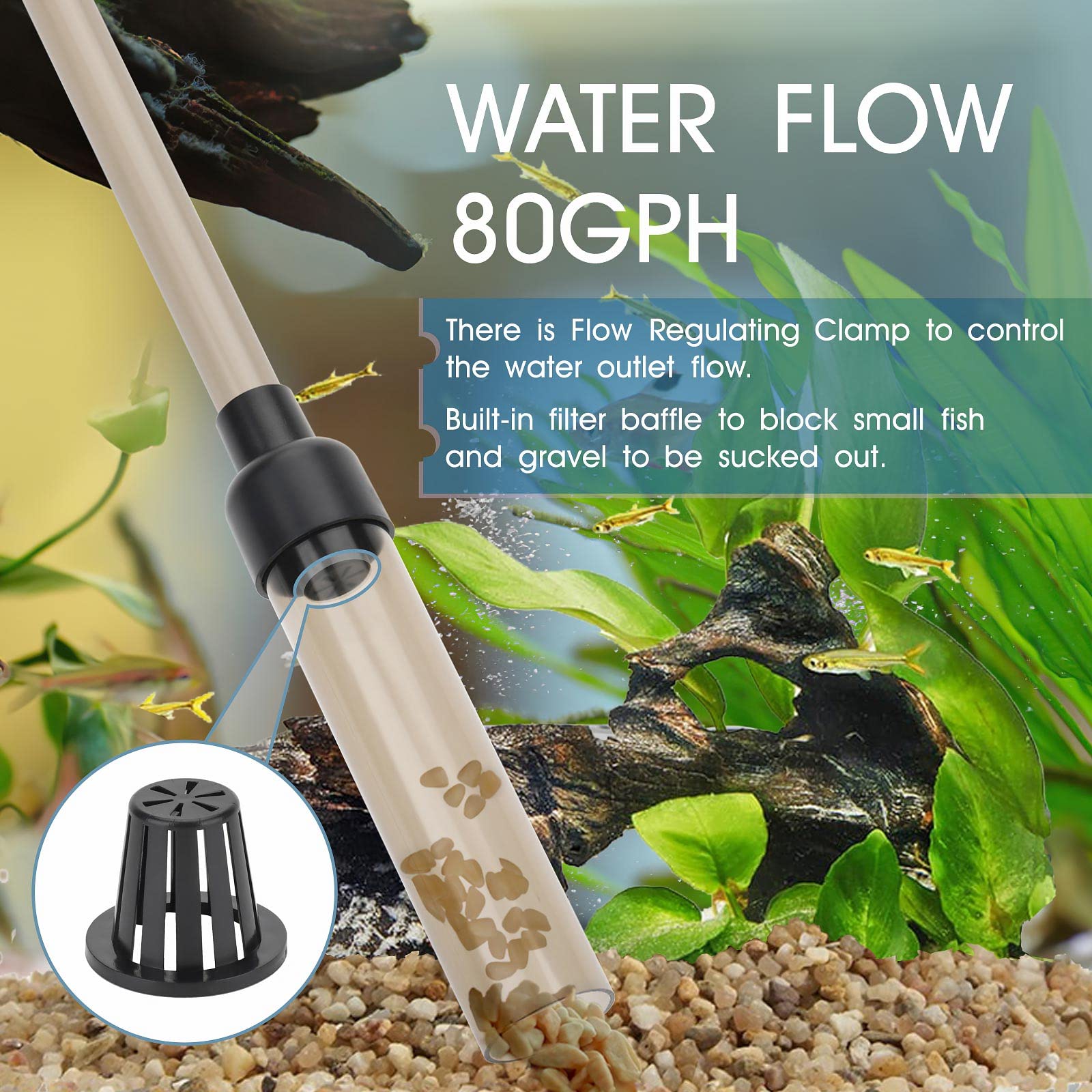 Hygger gravel vacuum showing flow clamp for adjustable water output.