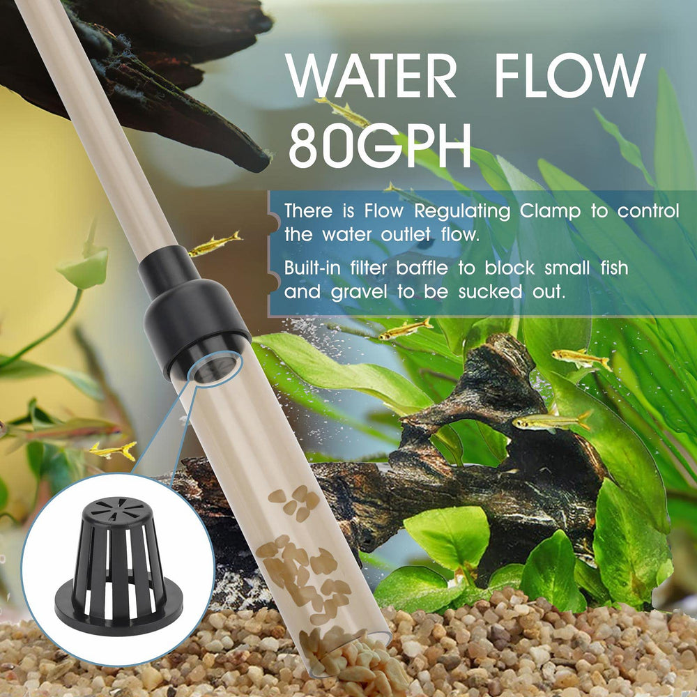Hygger gravel vacuum showing flow clamp for adjustable water output.
