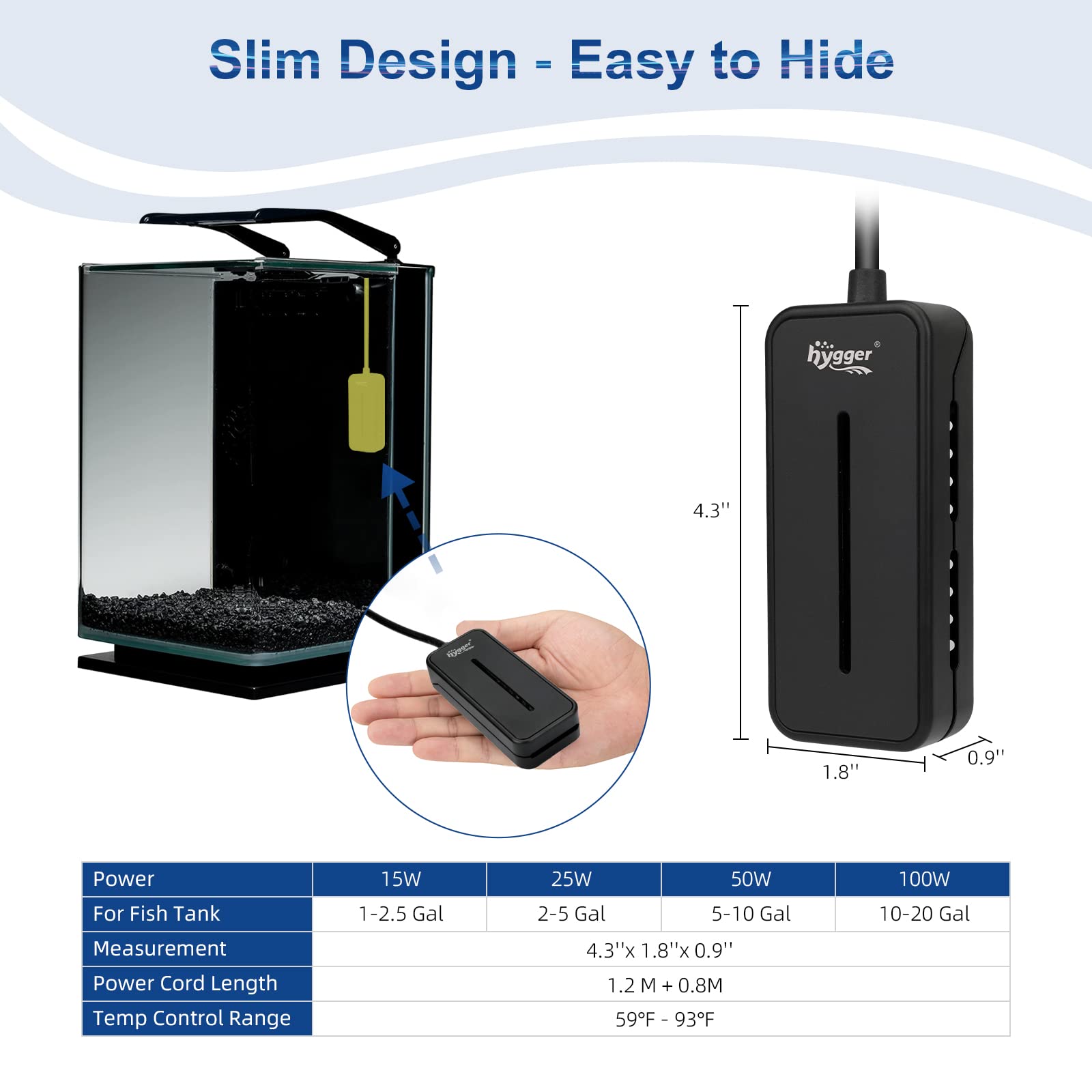 Hygger slim-profile heater fits behind decor for unobtrusive installation