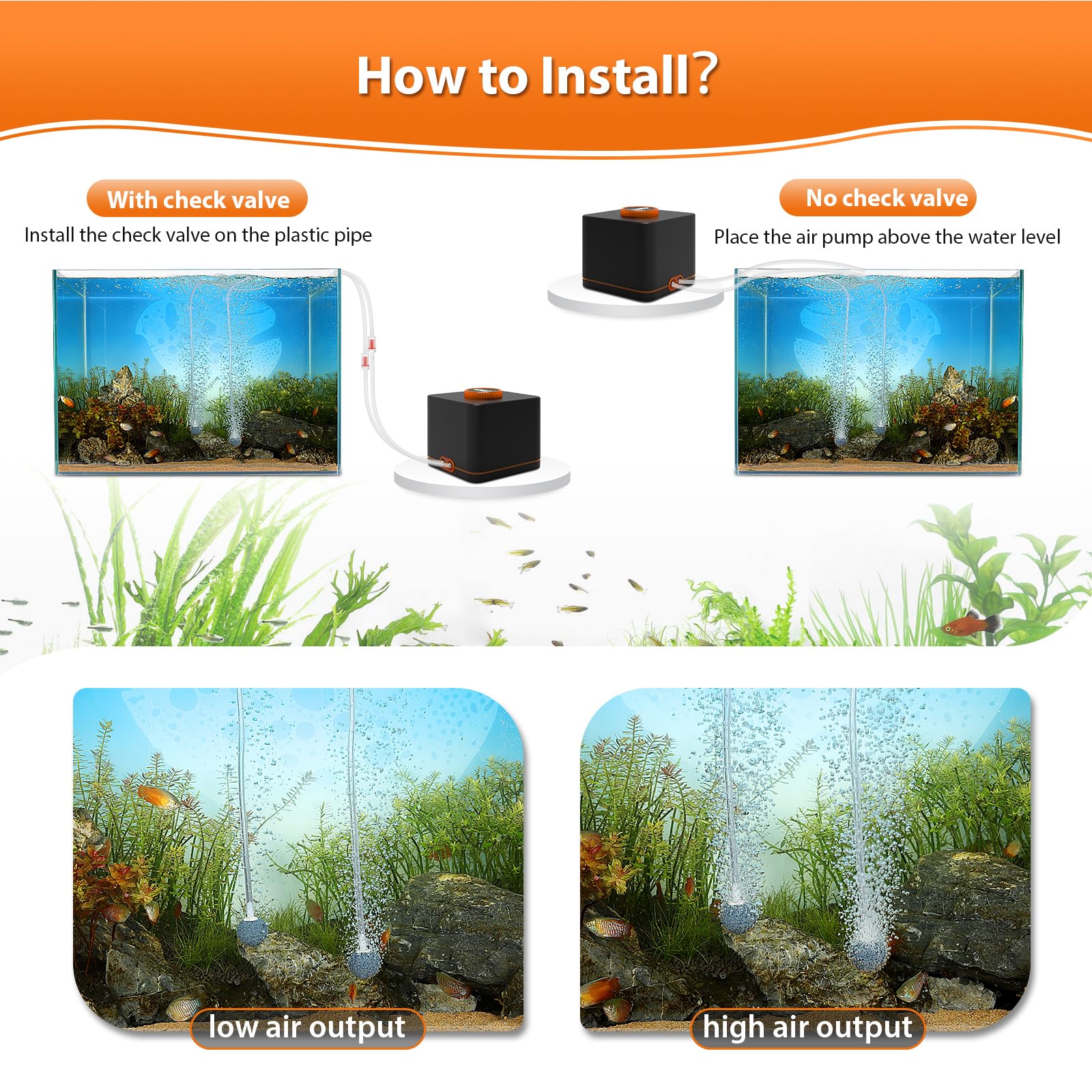 hygger Strong Aquarium Air Pump includes air tubing and multi-head control valves for easy setup