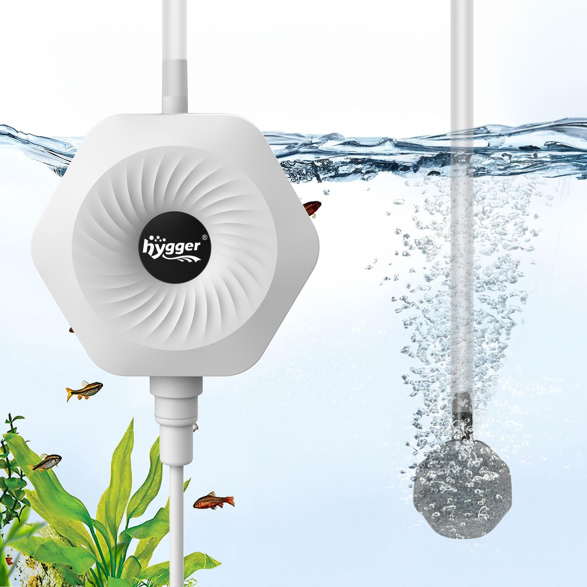 hygger Ultra Silent 1.5W mini air pump front view for compact quiet aeration