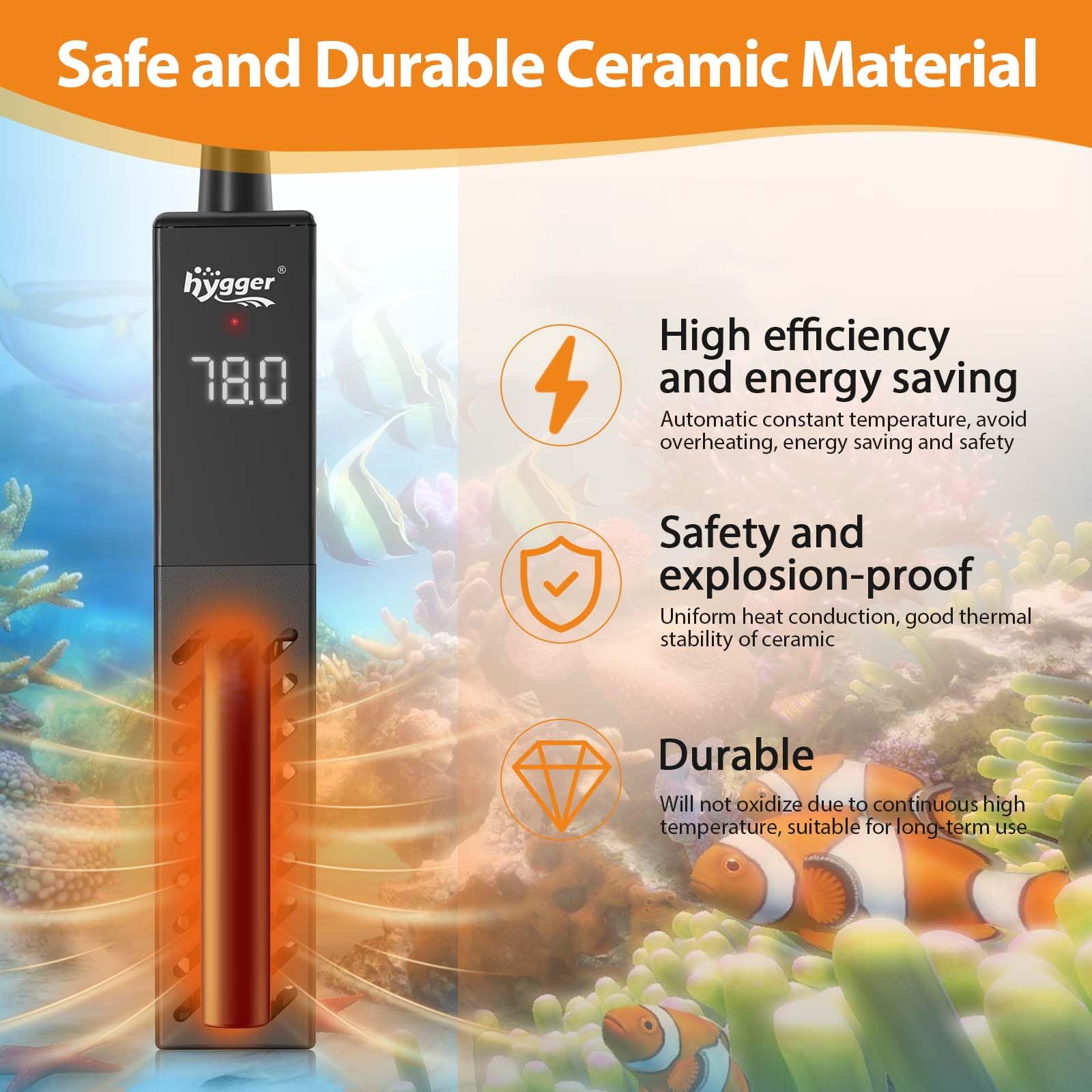 hygger Upgrade Ceramic Aquarium Heater 100W automatic temp control for steady tank warmth.
