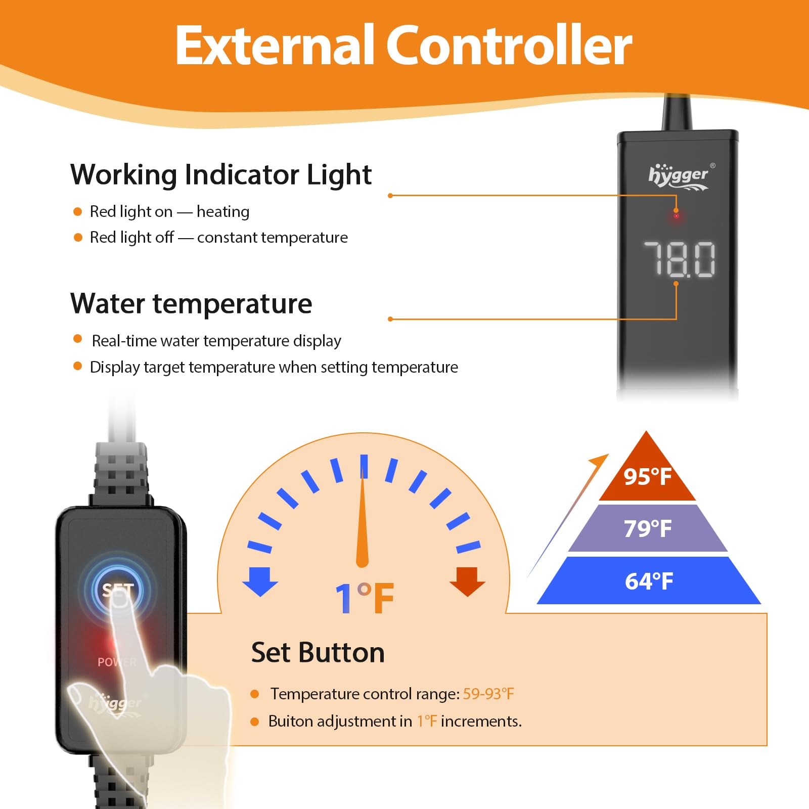 hygger Upgrade Ceramic Aquarium Heater 100W digital LED display for easy temperature monitoring.