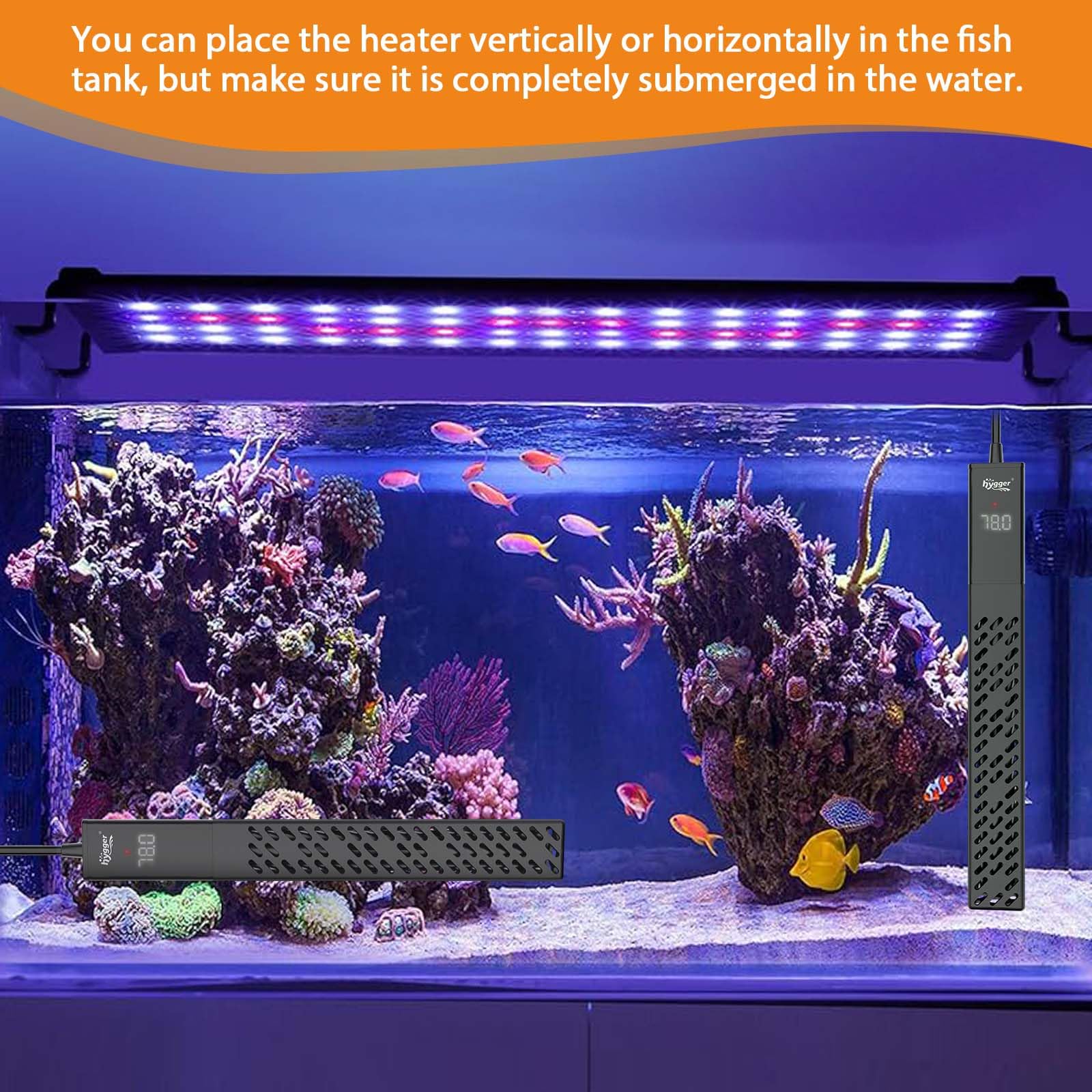 hygger Upgrade Ceramic Aquarium Heater 100W submersible in-tank installation for versatile setups.