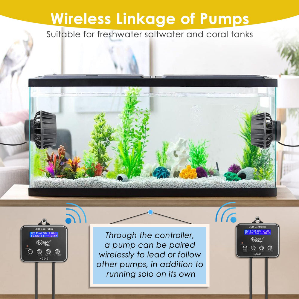 Hygger wavemaker pump in-tank installation shows simple submersible setup.
