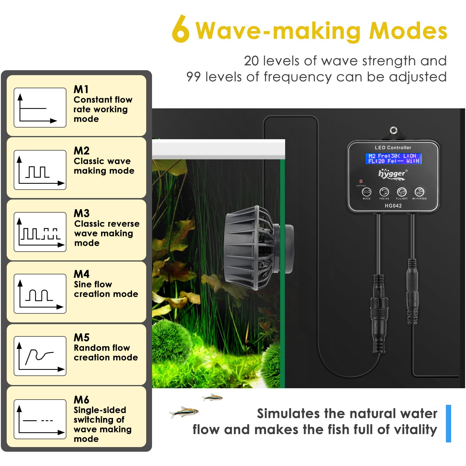 Hygger wavemaker pump LED controller panel demonstrates adjustable wave modes and speeds.