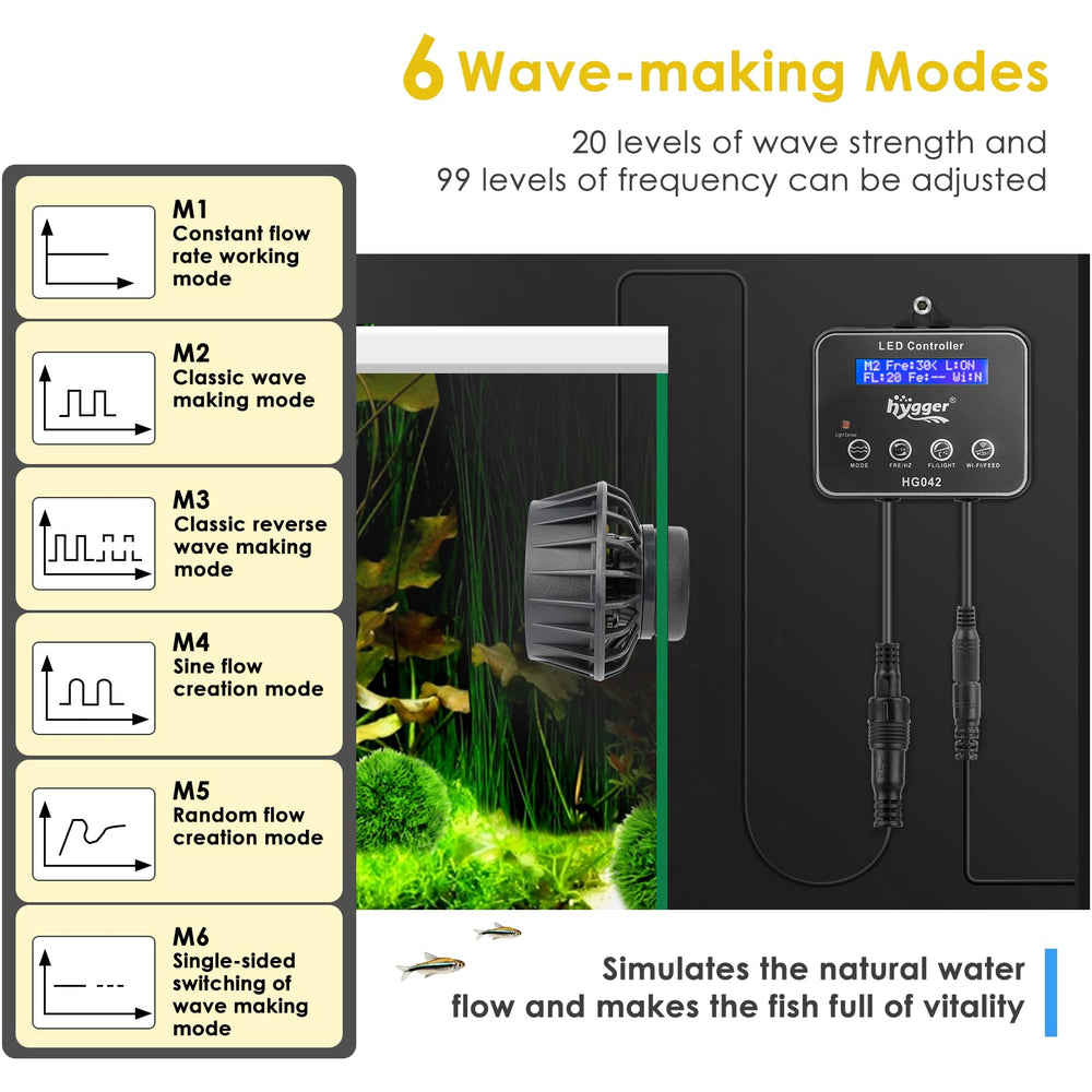 Hygger wavemaker pump LED controller panel demonstrates adjustable wave modes and speeds.