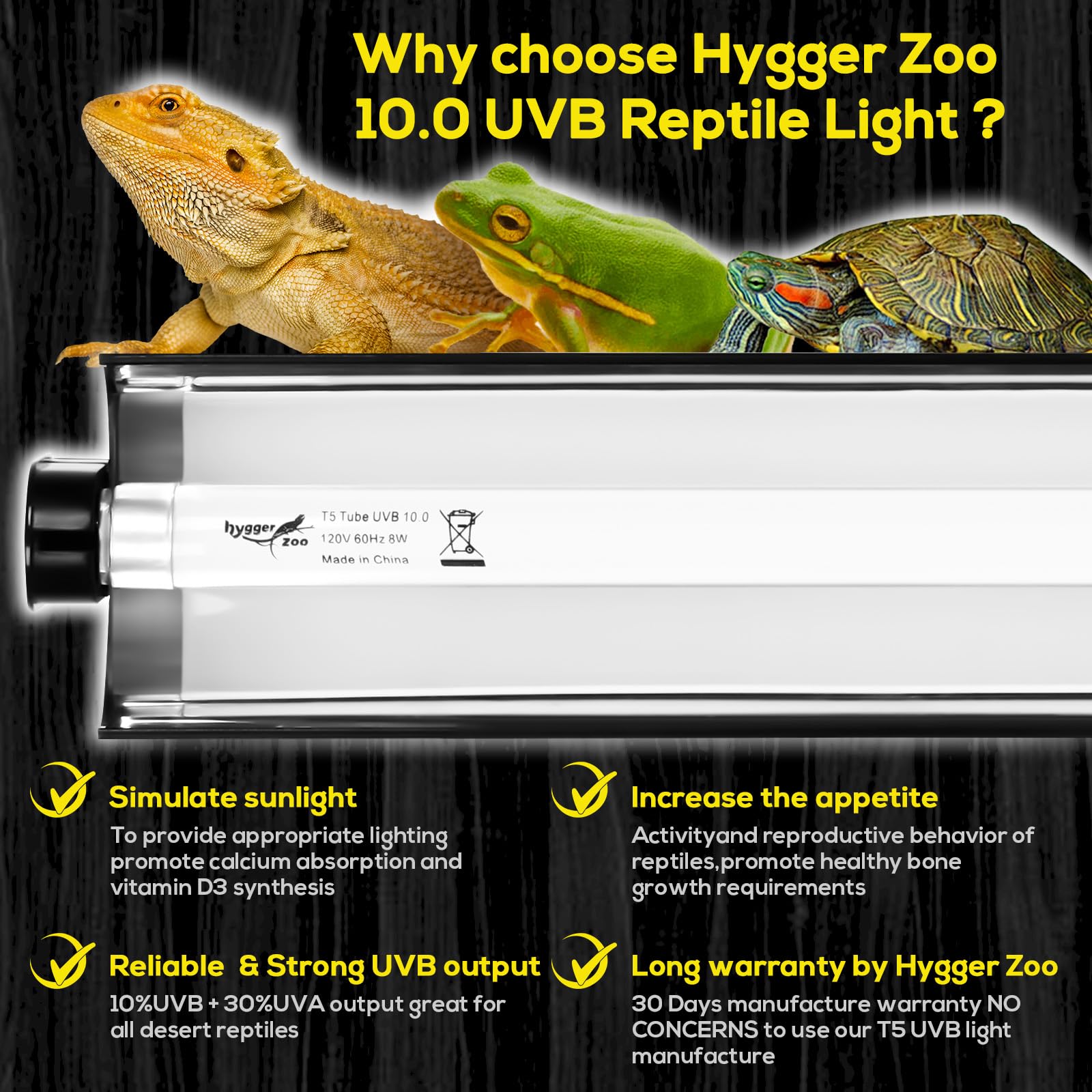 Hygger Zoo T5 UVB 10.0 output image showing UVB rays for reptile illumination and health.