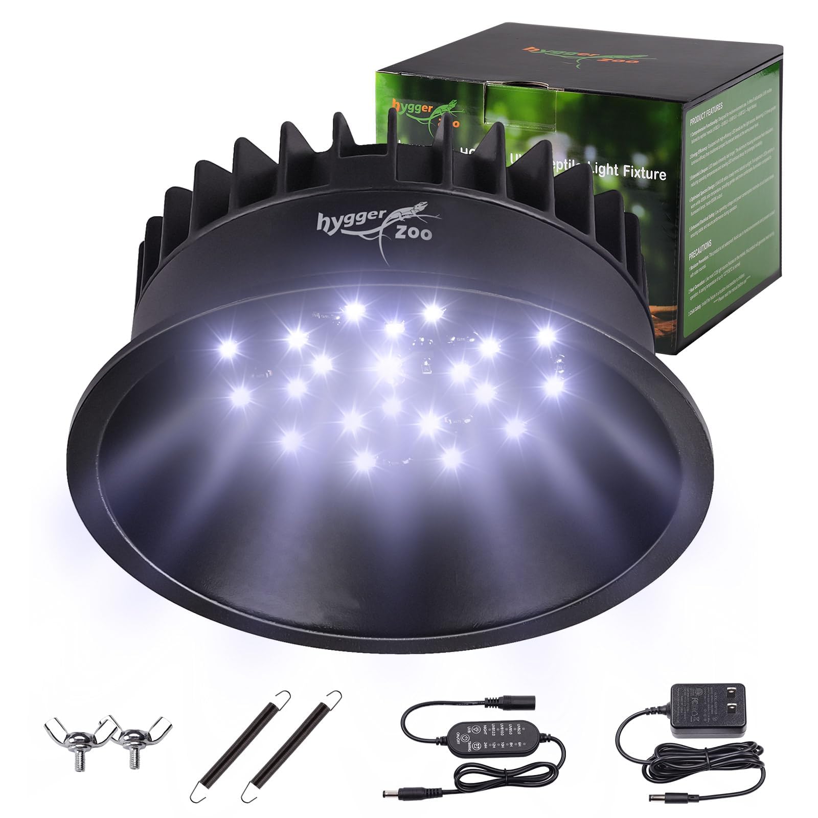 Hygger zoo UVB light with curved reflector delivers stronger UVB for reptile basking.