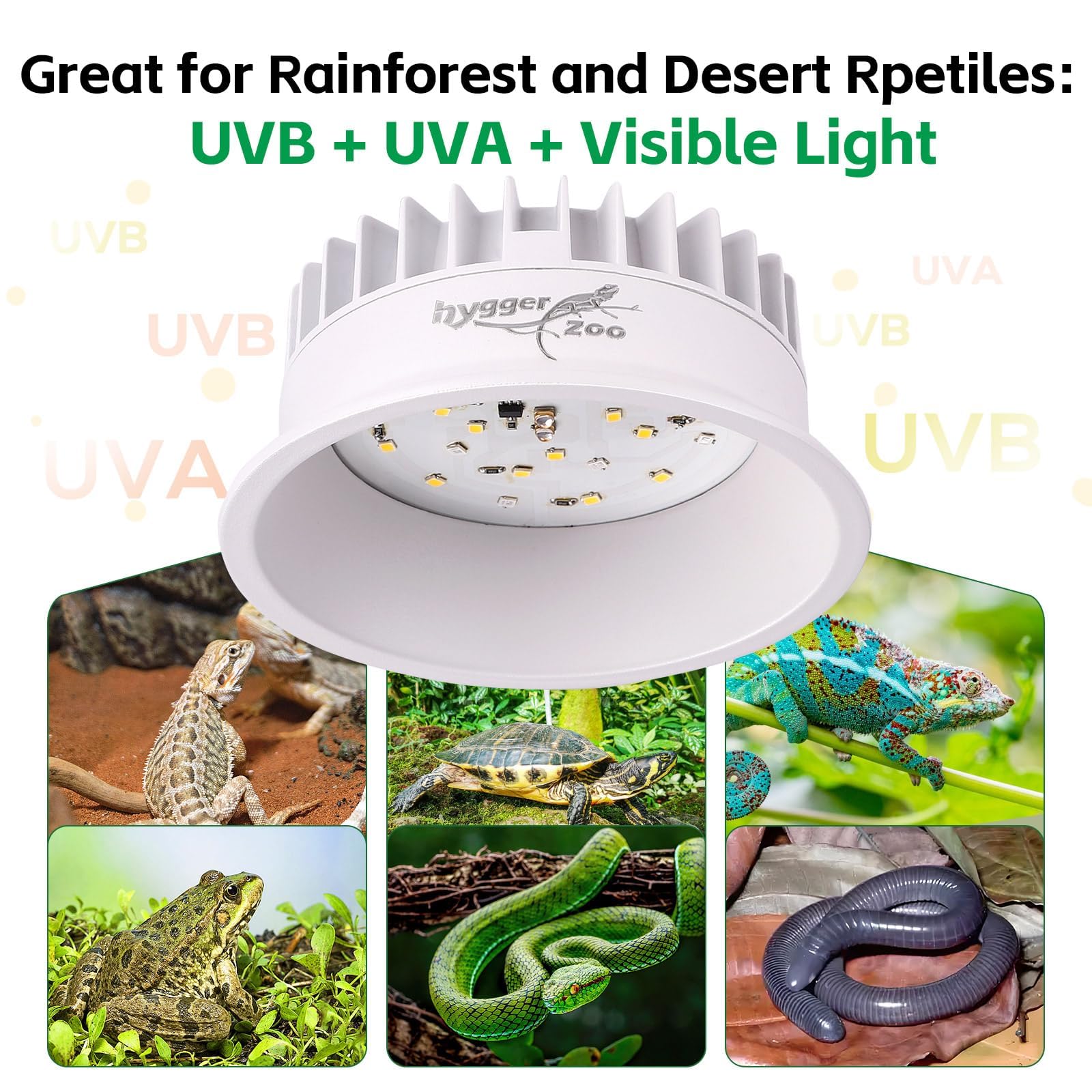 Hygger zoo UVB light delivers natural UVA/UVB balance for an indoor habitat.