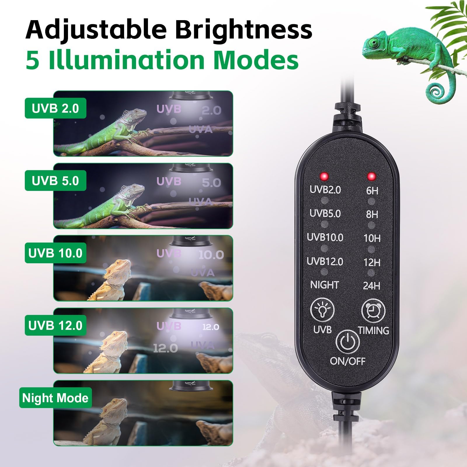 Hygger zoo UVB light with timer function enables day-night scheduling for reptiles.