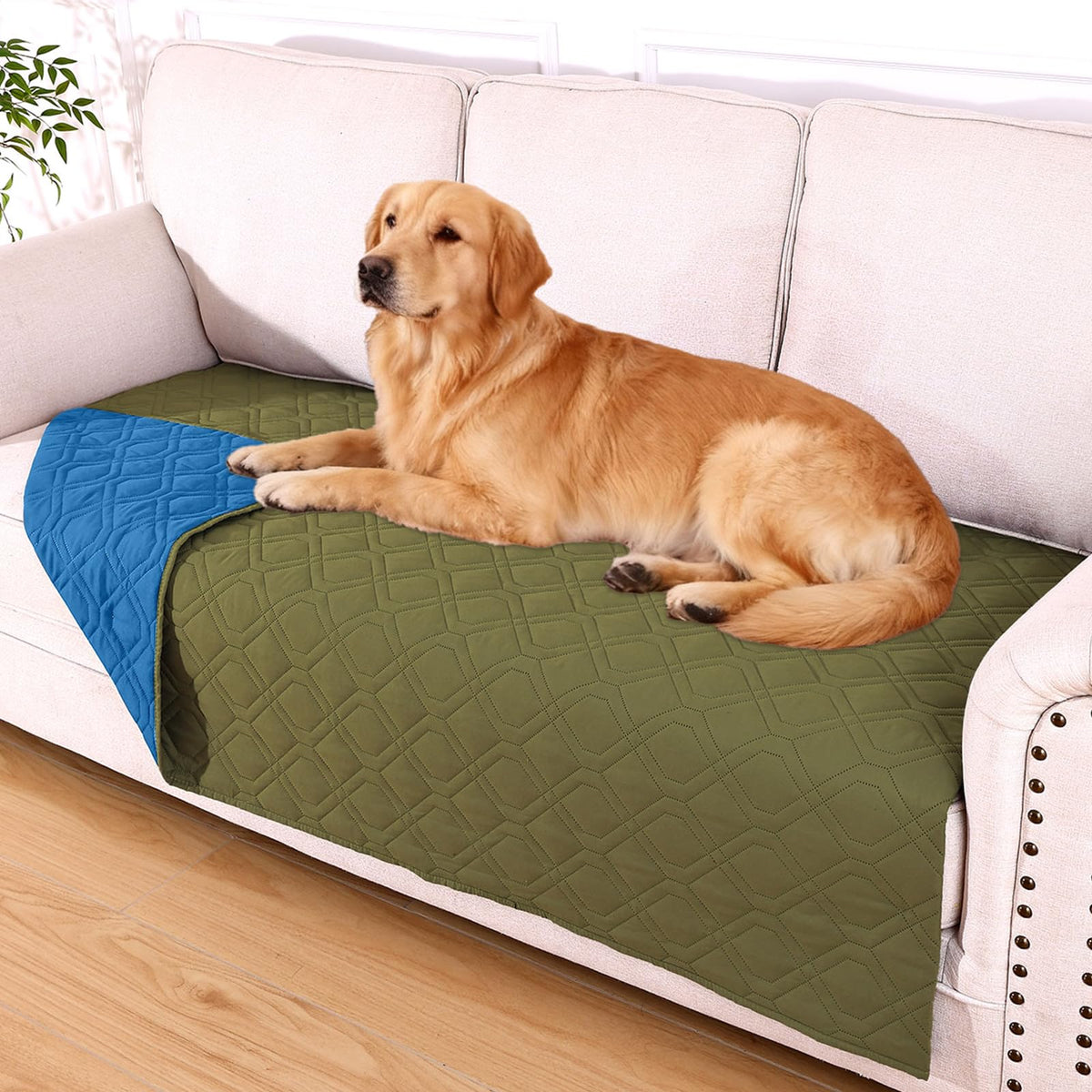 Hyha waterproof dog bed blanket green front view for spill protection and cozy comfort.