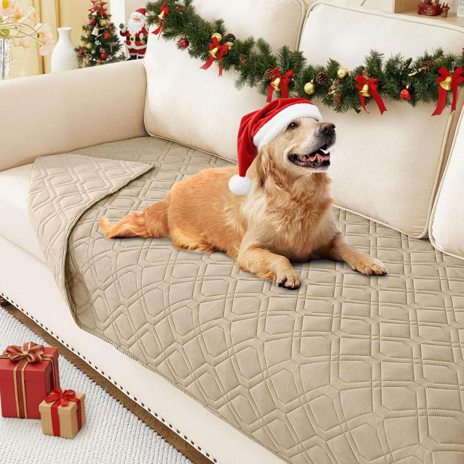 hyha waterproof dog bed blanket taupe closeup showing dual-sided protection