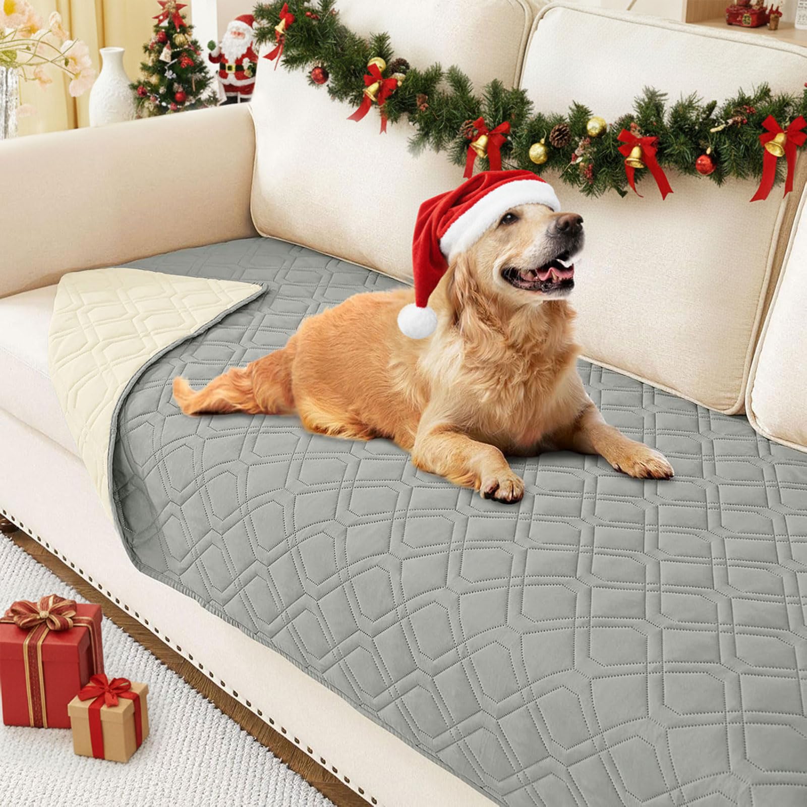 hyha waterproof dog bed blanket top view demonstrating triple waterproof protection for furniture.