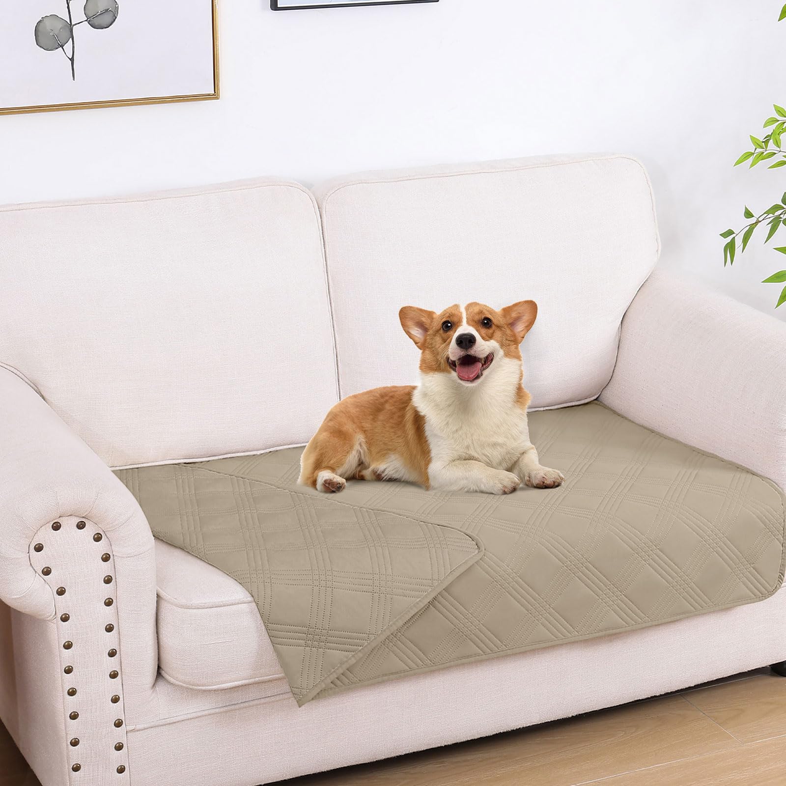 hyha waterproof dog blanket folded in taupe for easy protection against spills