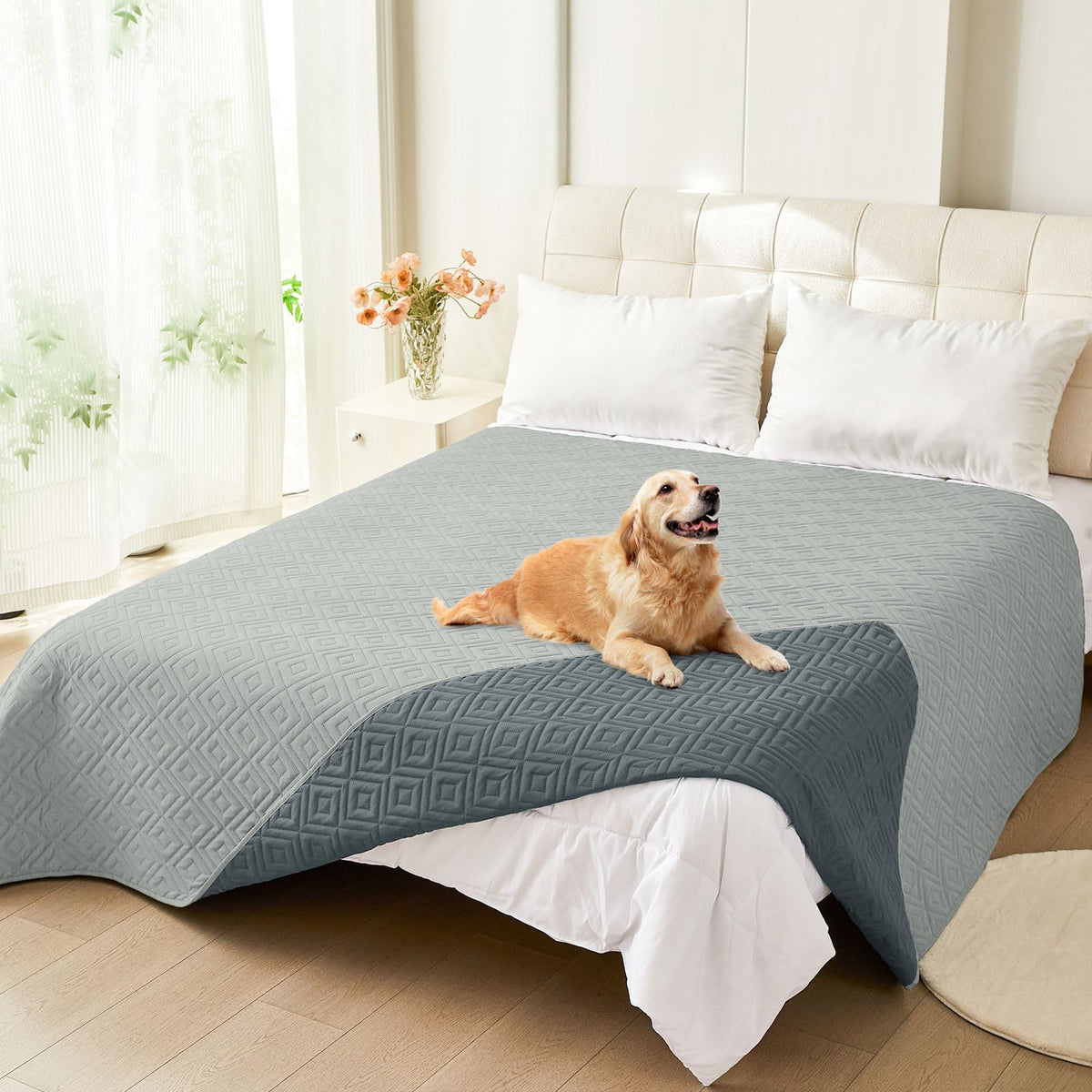 hyha waterproof dog blanket folded shows dual-color design for easy storage and style