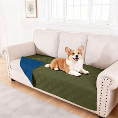 hyha waterproof dog blanket on sofa in green and navy protects furniture from spills