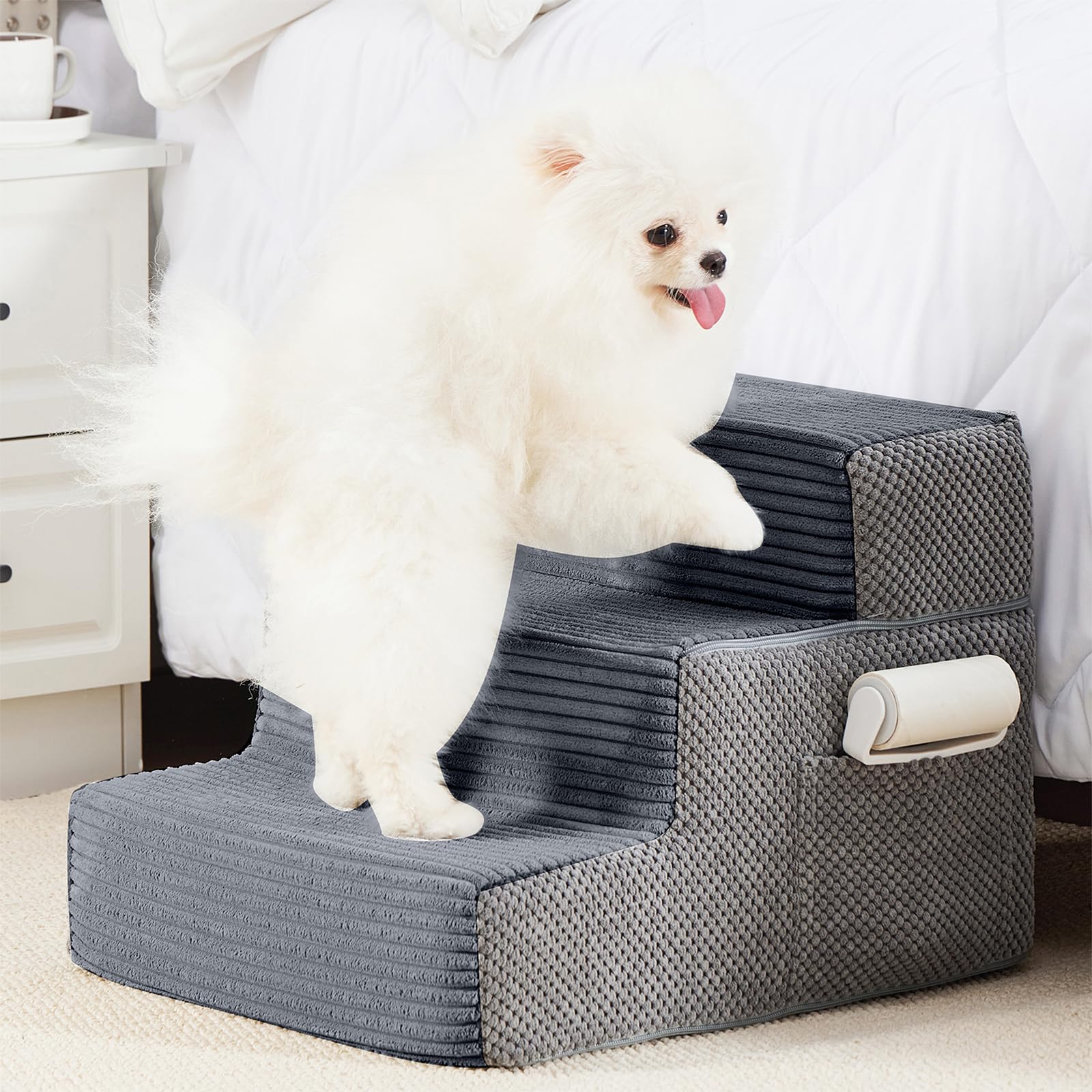 HYLEORY dog stairs bed 3step side-pocket: convenient storage for grooming tools.