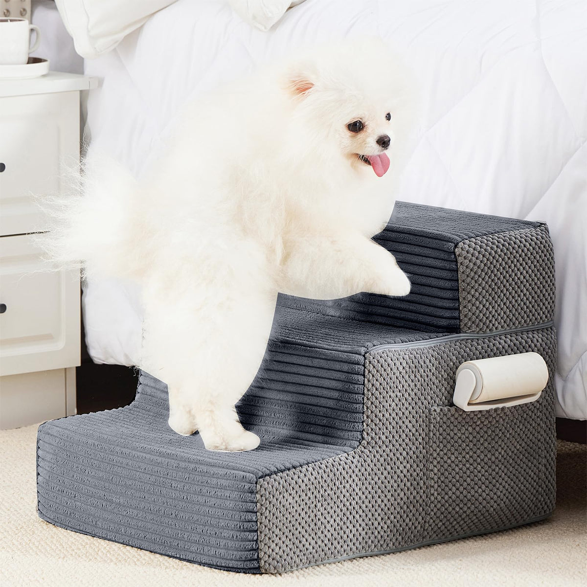 HYLEORY dog stairs bed 3step side-pocket: convenient storage for grooming tools.