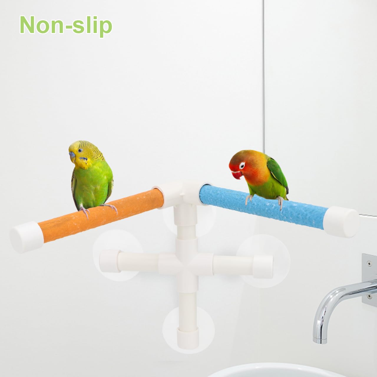 Hypeety double-stand perch provides versatile placement for window or bath areas for birds