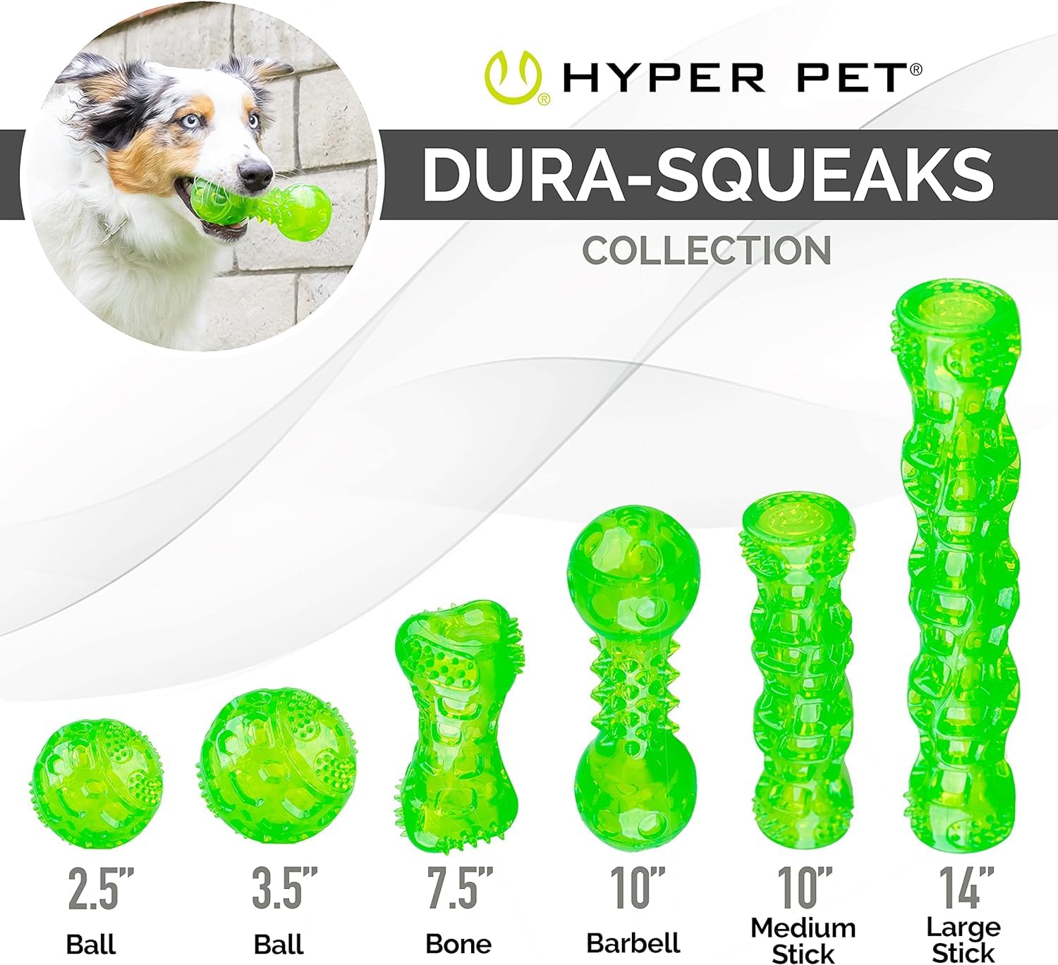 Hyper Pet DuraSqueak ball suits puppies and adult dogs alike