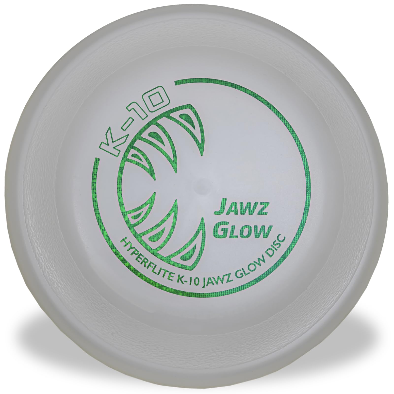 Hyperflite K-10 Jawz Glow Disc closeup shows puncture-resistant surface for large dogs