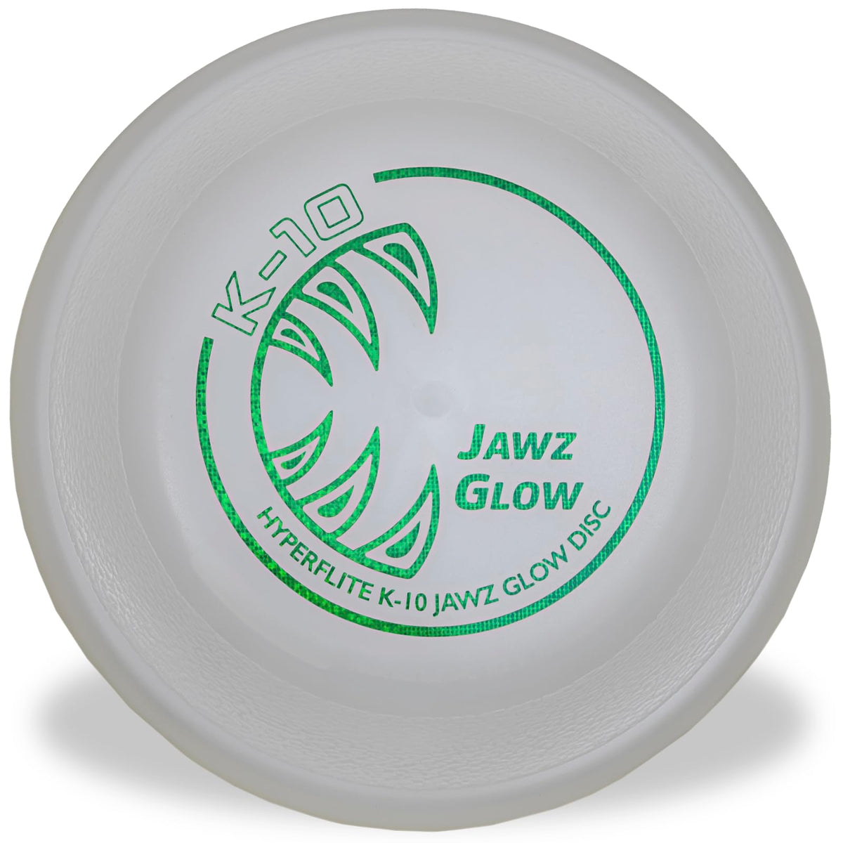 Hyperflite K-10 Jawz Glow Disc closeup shows puncture-resistant surface for large dogs