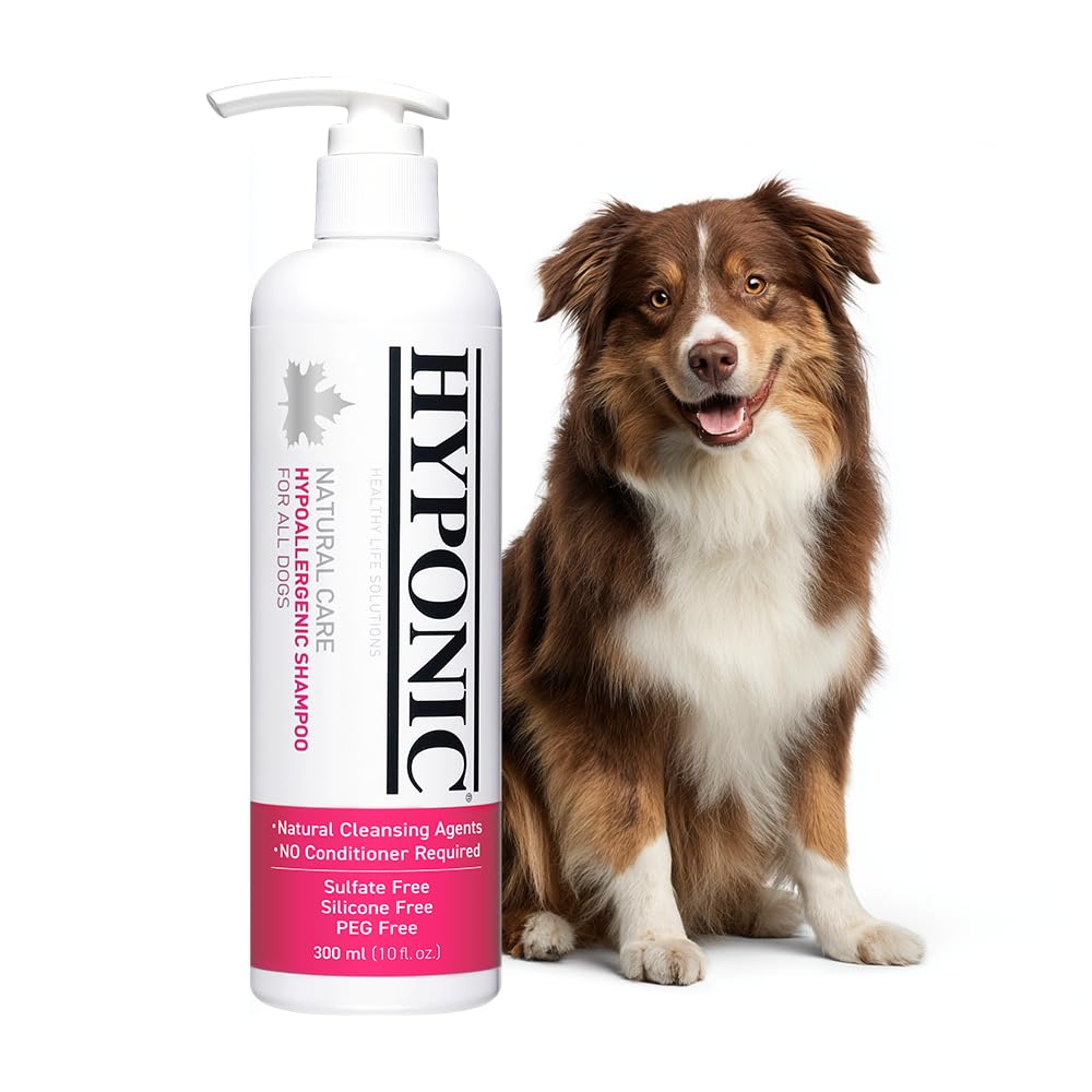 HYPONIC hypoallergenic premium dog shampoo bottle demonstrates gentle cleansing for sensitive skin.