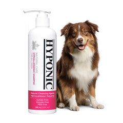 HYPONIC hypoallergenic premium dog shampoo bottle demonstrates gentle cleansing for sensitive skin.