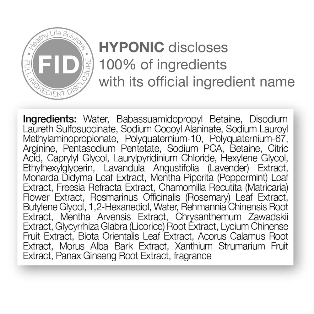 HYPONIC hypoallergenic shampoo close-up shows aloe and green tea benefits