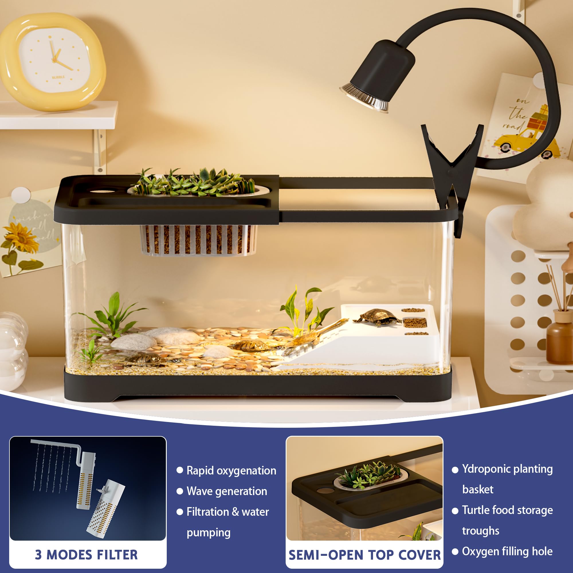 HYUVCX turtle tank hydroponics basket adds plant growth and interest.