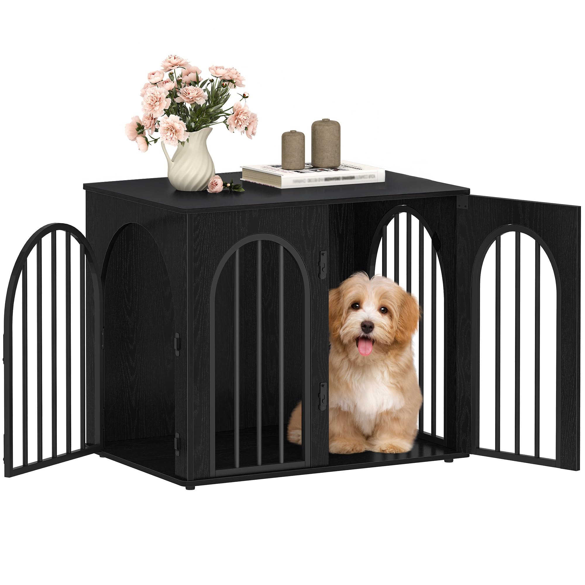 Hzuaneri wooden dog crate front view blends with living room for small dogs.