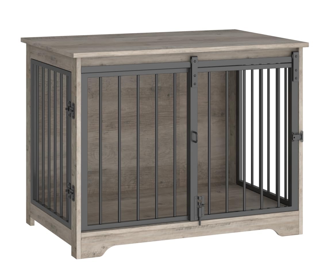 Hzuaneri barn-door dog crate showcases space-saving design for small rooms.