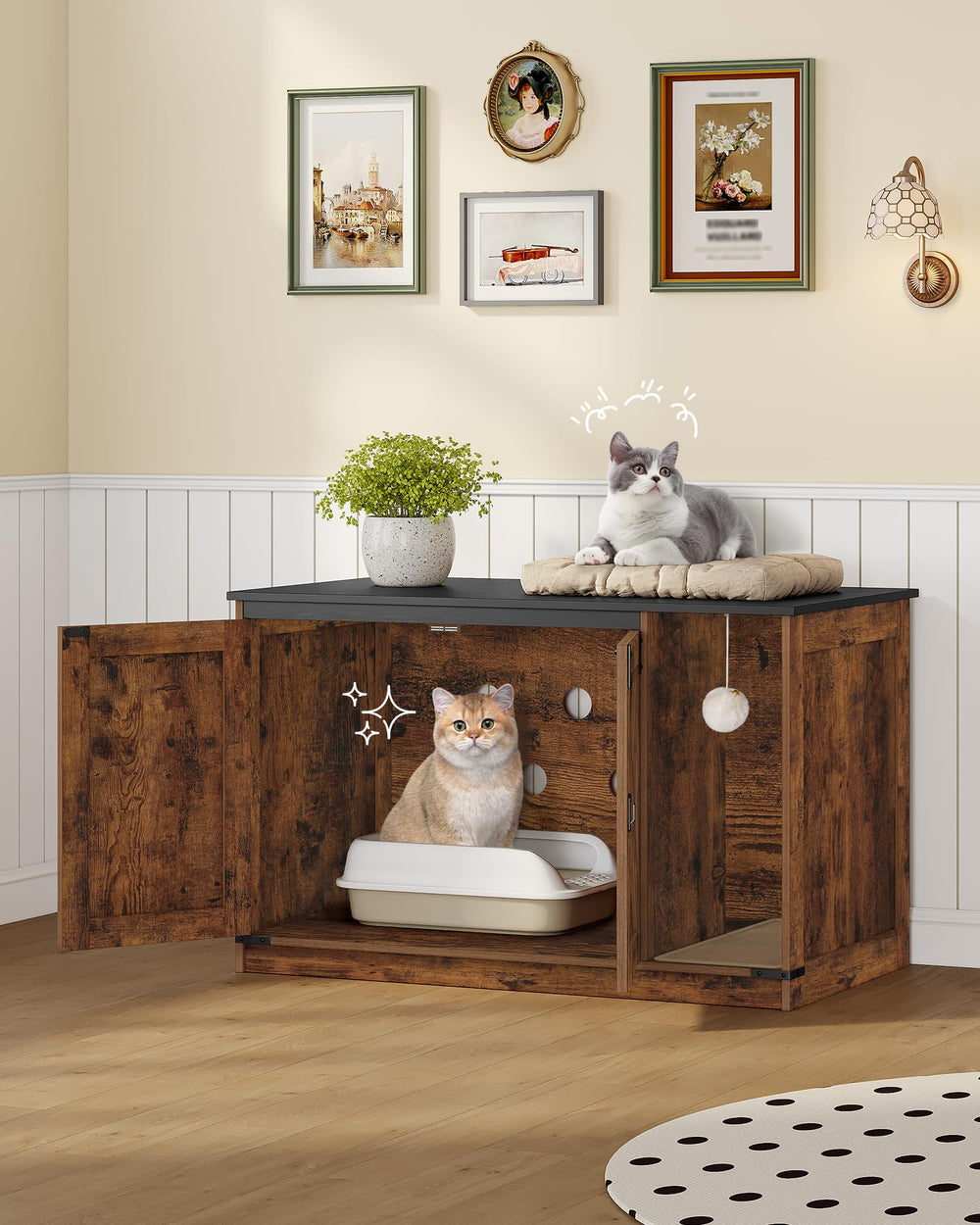 Hzuaneri cat-litter-box-enclosure-barn-door highlights rustic style and multipurpose use.